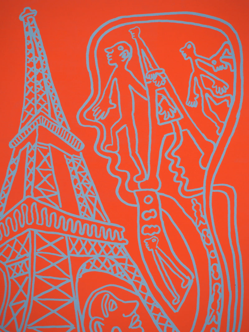 Yvon TAILLANDIER : Paris : La Tour Eiffel en rose sur bleu, Sérigraphie originale (photo de détail 4) - Crédit photo : Galerie Art.Paris