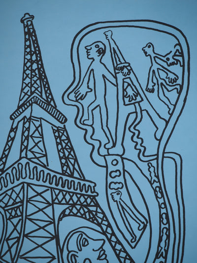 Yvon TAILLANDIER : Paris : La Tour Eiffel en noir sur bleu, Sérigraphie originale (photo de détail 3) - Crédit photo : Galerie Art.Paris