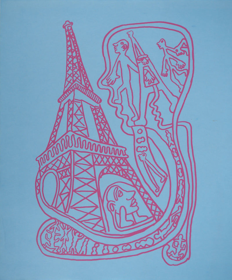 Yvon TAILLANDIER : Paris : La Tour Eiffel en rose sur bleu, Sérigraphie originale (vue générale) - Crédit photo : Galerie Art.Paris