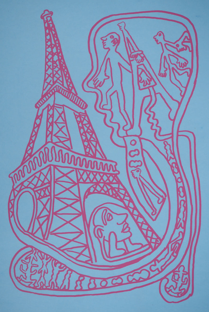 Yvon TAILLANDIER : Paris : La Tour Eiffel en rose sur bleu, Sérigraphie originale (photo de détail 2) - Crédit photo : Galerie Art.Paris