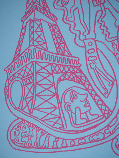 Yvon TAILLANDIER : Paris : La Tour Eiffel en rose sur bleu, Sérigraphie originale (photo de détail 3) - Crédit photo : Galerie Art.Paris