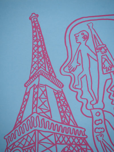 Yvon TAILLANDIER : Paris : La Tour Eiffel en rose sur bleu, Sérigraphie originale (photo de détail 6) - Crédit photo : Galerie Art.Paris