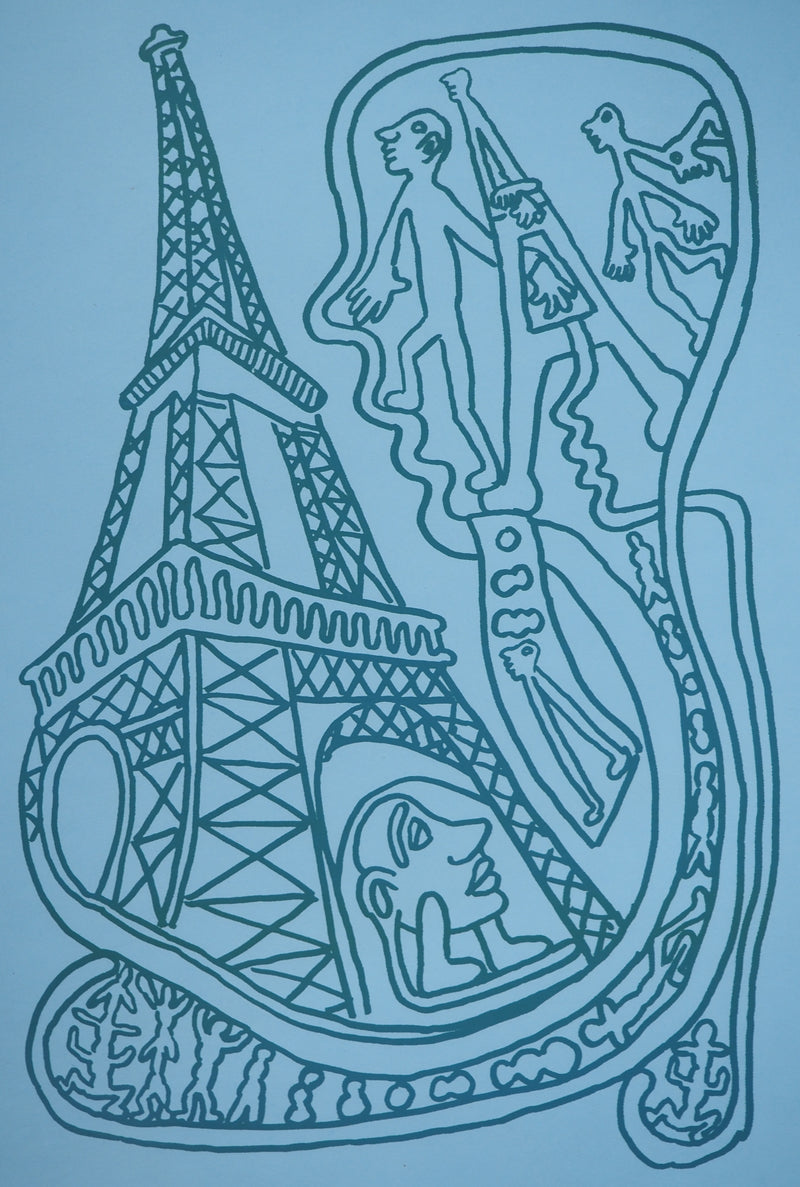 Yvon TAILLANDIER : Paris : La Tour Eiffel en vert sur bleu, Sérigraphie originale (photo de détail 2) - Crédit photo : Galerie Art.Paris