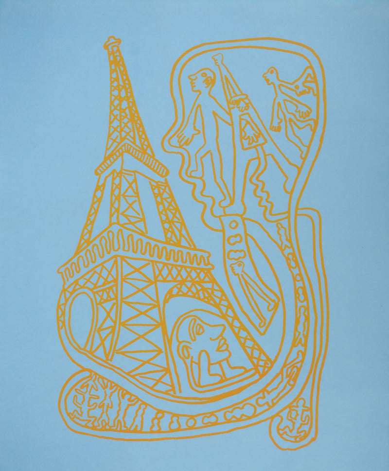 Yvon TAILLANDIER : Paris : La Tour Eiffel en jaune sur bleu, Sérigraphie originale (vue générale) - Crédit photo : Galerie Art.Paris