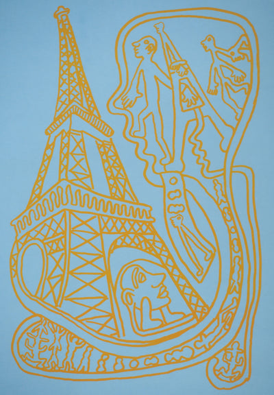 Yvon TAILLANDIER : Paris : La Tour Eiffel en jaune sur bleu, Sérigraphie originale (photo de détail 2) - Crédit photo : Galerie Art.Paris