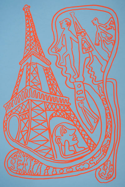 Yvon TAILLANDIER : Paris : La Tour Eiffel en rouge sur bleu, Sérigraphie originale (photo de détail 2) - Crédit photo : Galerie Art.Paris