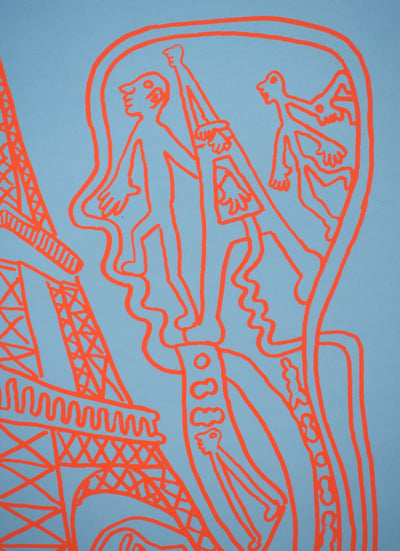 Yvon TAILLANDIER : Paris : La Tour Eiffel en rouge sur bleu, Sérigraphie originale (photo de détail 4) - Crédit photo : Galerie Art.Paris