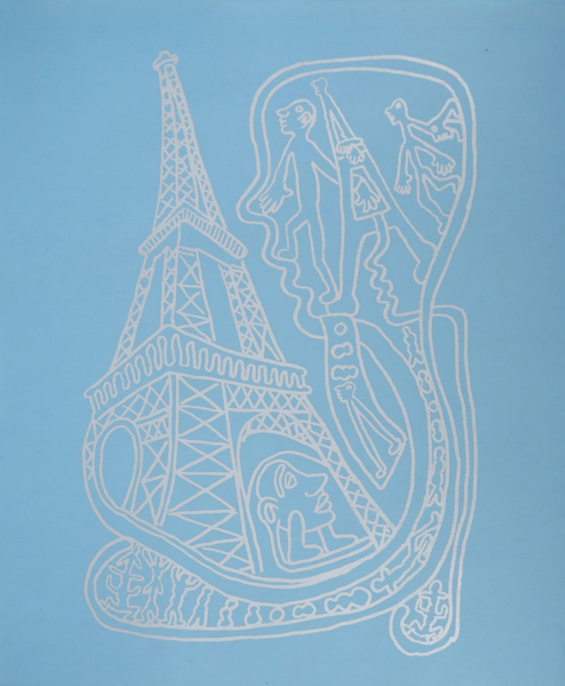 Yvon TAILLANDIER : Paris : La Tour Eiffel en argent sur bleu, Sérigraphie originale (vue générale) - Crédit photo : Galerie Art.Paris