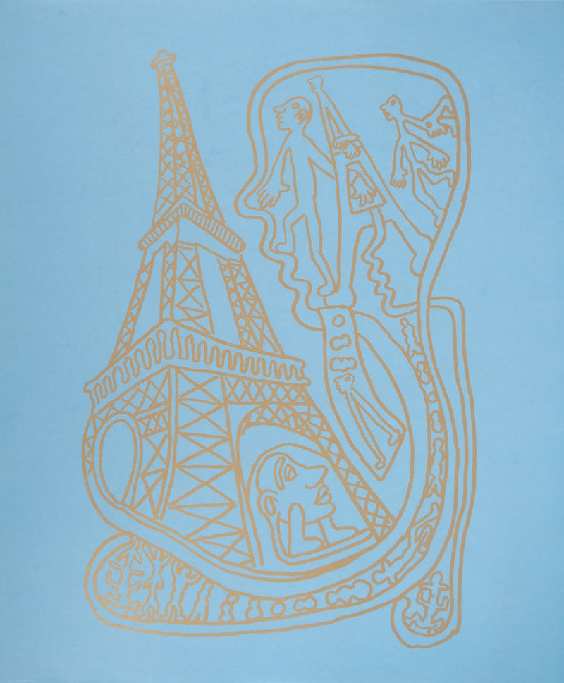 Yvon TAILLANDIER : Paris : La Tour Eiffel en doré sur bleu, Sérigraphie originale (vue générale) - Crédit photo : Galerie Art.Paris