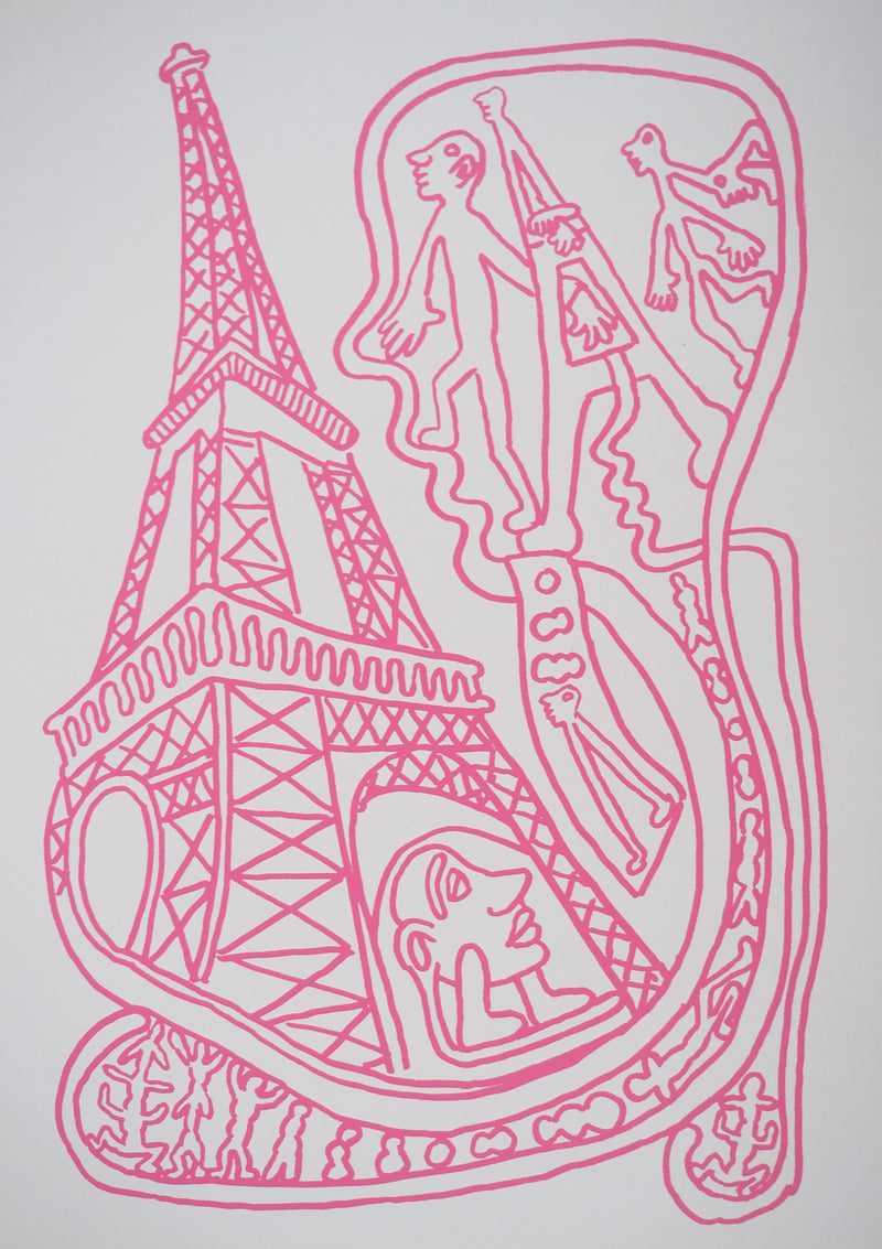 Yvon TAILLANDIER : Paris : La Tour Eiffel en rose sur crème, Sérigraphie originale (photo de détail 2) - Crédit photo : Galerie Art.Paris