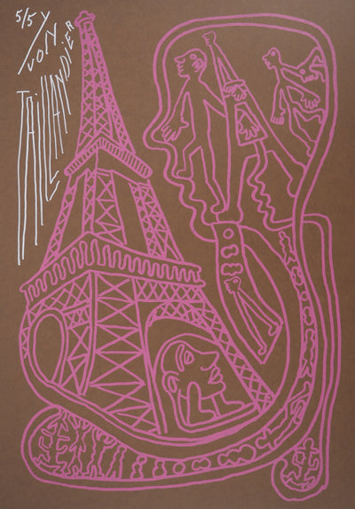 Yvon TAILLANDIER : Paris : La Tour Eiffel en rose sur marron, Sérigraphie originale (photo de détail 2) - Crédit photo : Galerie Art.Paris