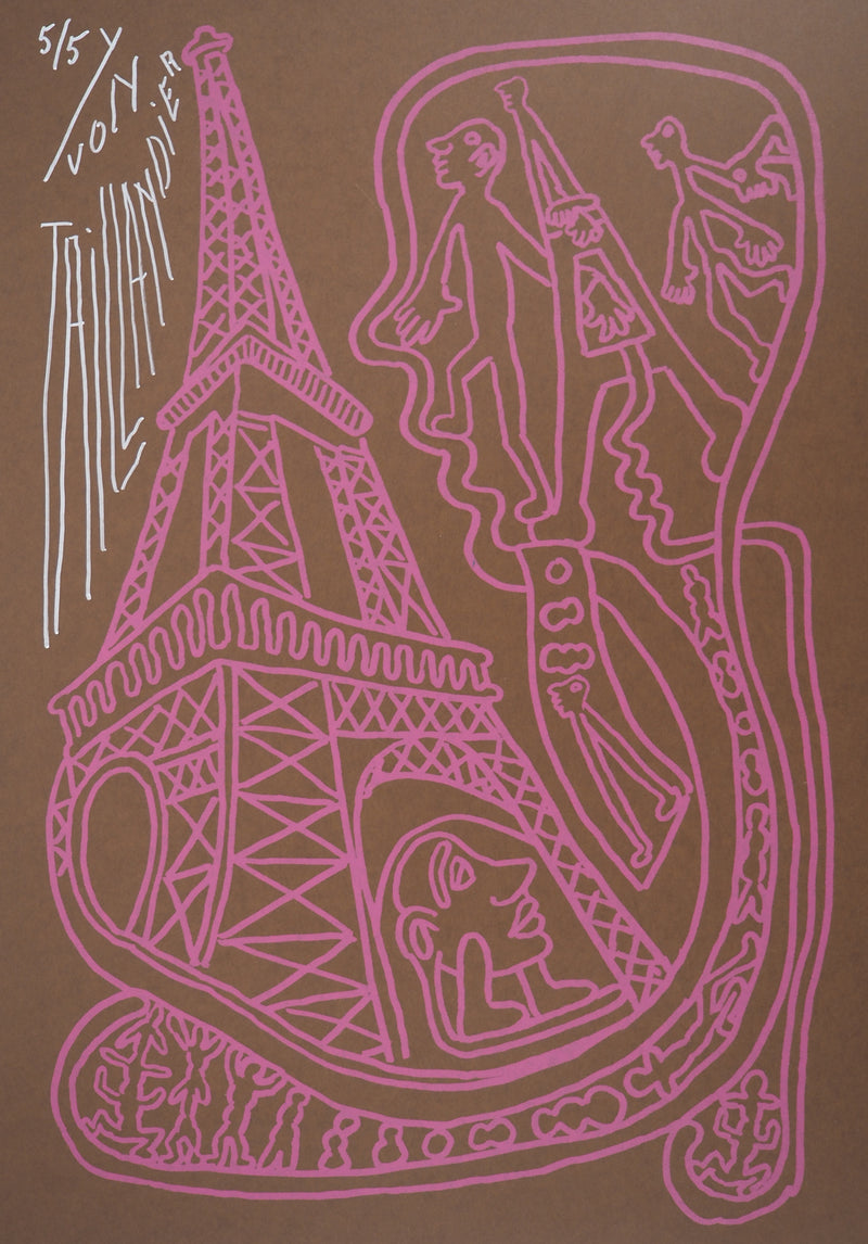 Yvon TAILLANDIER : Paris : La Tour Eiffel en rose sur marron, Sérigraphie originale (photo de détail 2) - Crédit photo : Galerie Art.Paris