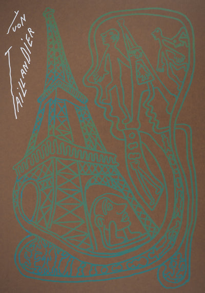 Yvon TAILLANDIER : Paris : La Tour Eiffel en vert sur marron, Sérigraphie originale (photo de détail 3) - Crédit photo : Galerie Art.Paris