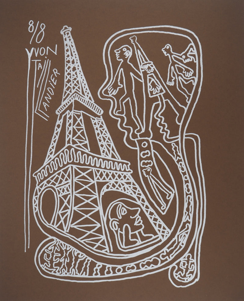 Yvon TAILLANDIER : Paris : La Tour Eiffel en argent sur marron, Sérigraphie originale (vue générale) - Crédit photo : Galerie Art.Paris