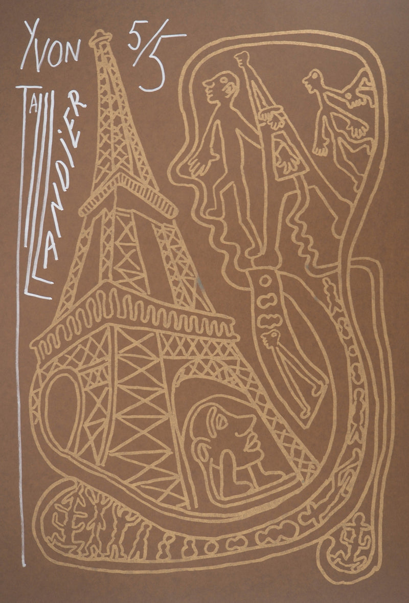 Yvon TAILLANDIER : Paris : La Tour Eiffel en doré sur marron, Sérigraphie originale (photo de détail 3) - Crédit photo : Galerie Art.Paris