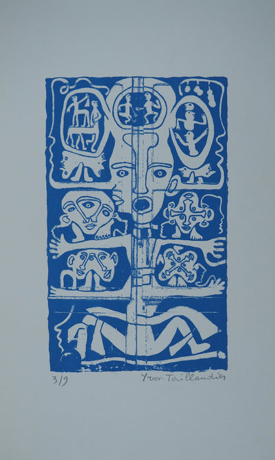 Yvon TAILLANDIER : Totem intérieur en bleu sur bleu, Sérigraphie originale (vue générale) - Crédit photo : Galerie Art.Paris