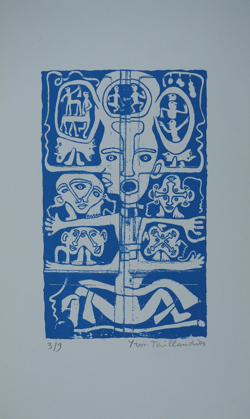 Yvon TAILLANDIER : Totem intérieur en bleu sur bleu, Sérigraphie originale (vue générale) - Crédit photo : Galerie Art.Paris