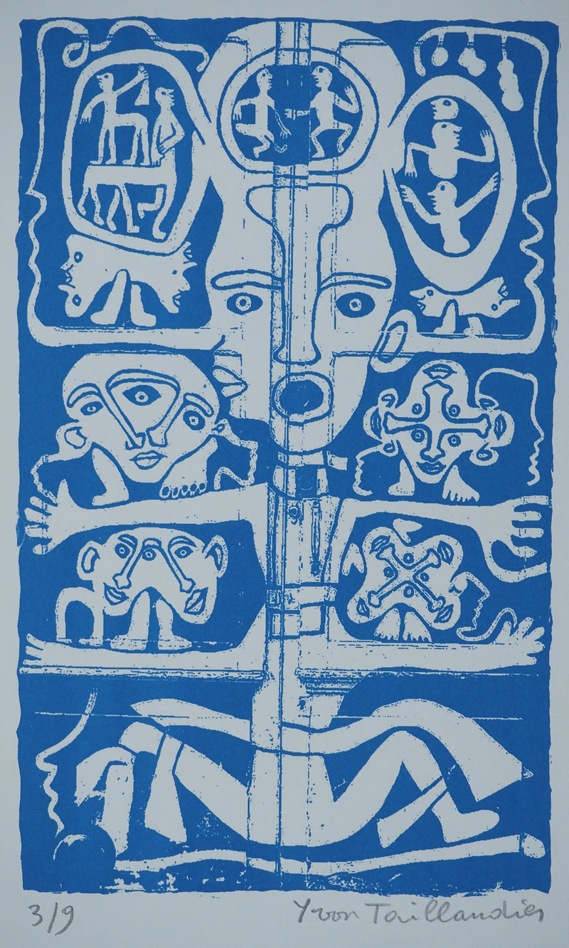 Yvon TAILLANDIER : Totem intérieur en bleu sur bleu, Sérigraphie originale (photo de détail 2) - Crédit photo : Galerie Art.Paris