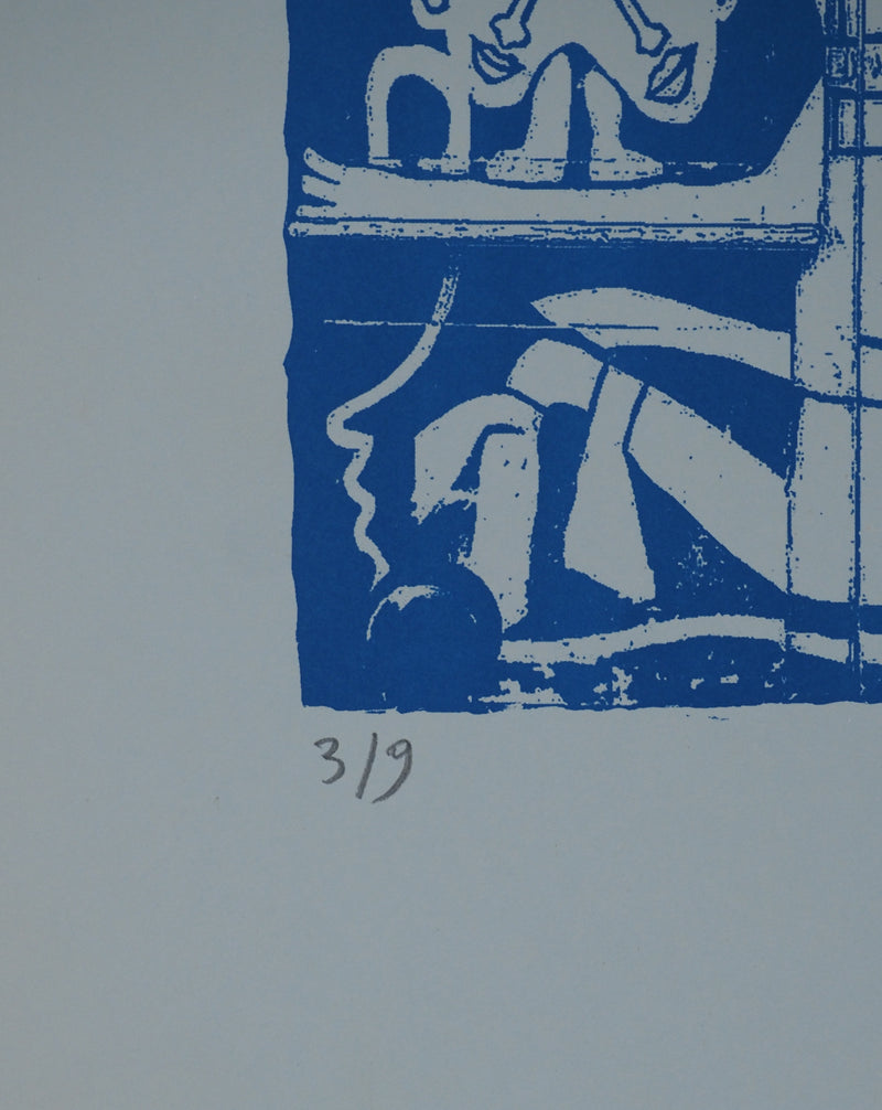 Yvon TAILLANDIER : Totem intérieur en bleu sur bleu, Sérigraphie originale (photo de détail 3) - Crédit photo : Galerie Art.Paris