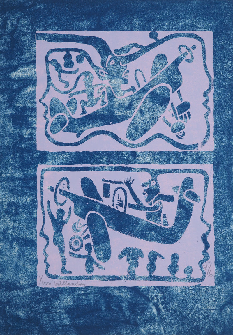 Yvon TAILLANDIER : Un monde en altitude en violet sur bleu et blanc, Sérigraphie originale (vue générale) - Crédit photo : Galerie Art.Paris