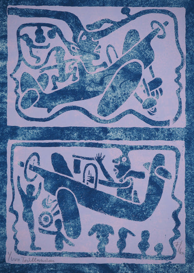 Yvon TAILLANDIER : Un monde en altitude en violet sur bleu et blanc, Sérigraphie originale (photo de détail 2) - Crédit photo : Galerie Art.Paris