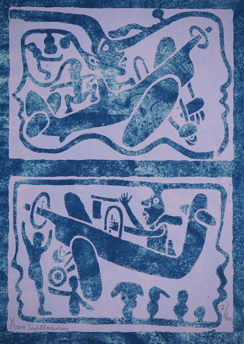 Yvon TAILLANDIER : Un monde en altitude en violet sur bleu et blanc, Sérigraphie originale (photo de détail 2) - Crédit photo : Galerie Art.Paris