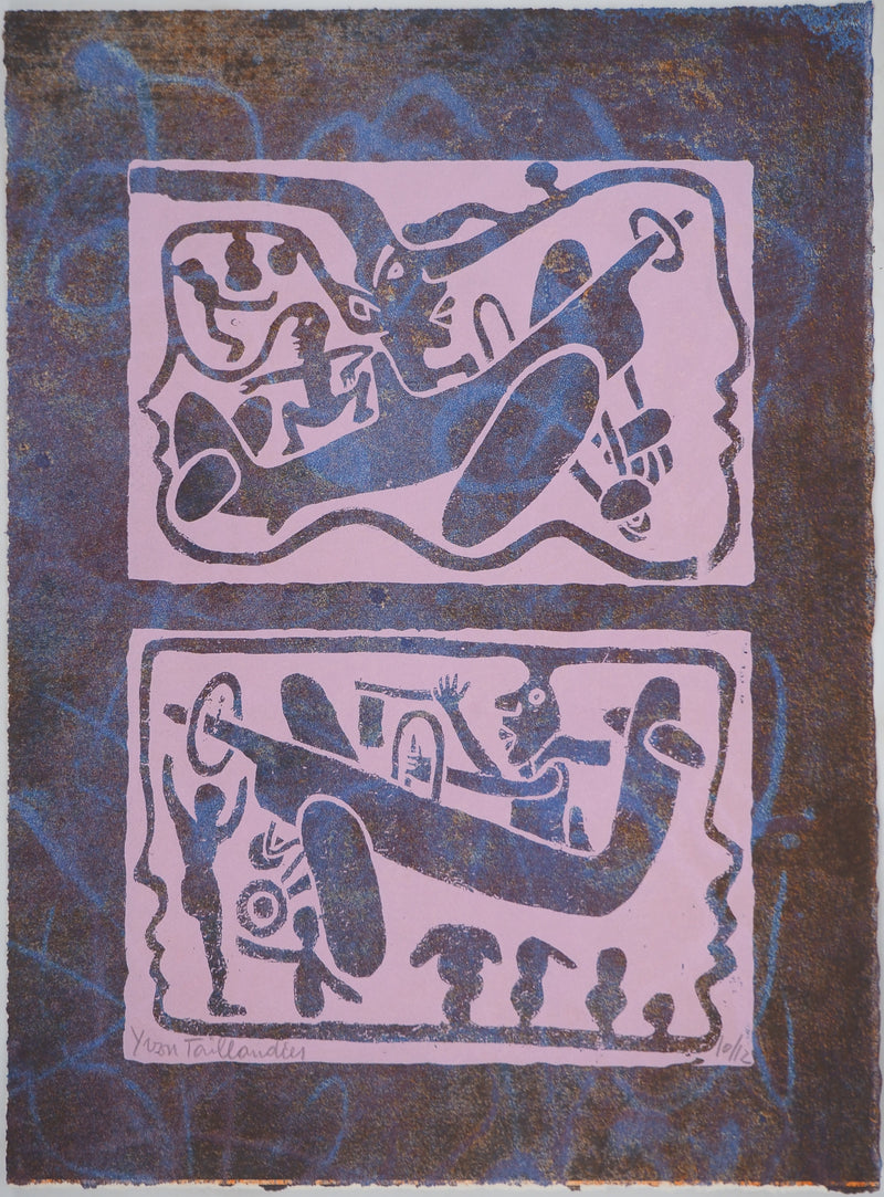Yvon TAILLANDIER : Un monde en altitude en violet coloré bleu, Sérigraphie originale (vue générale) - Crédit photo : Galerie Art.Paris