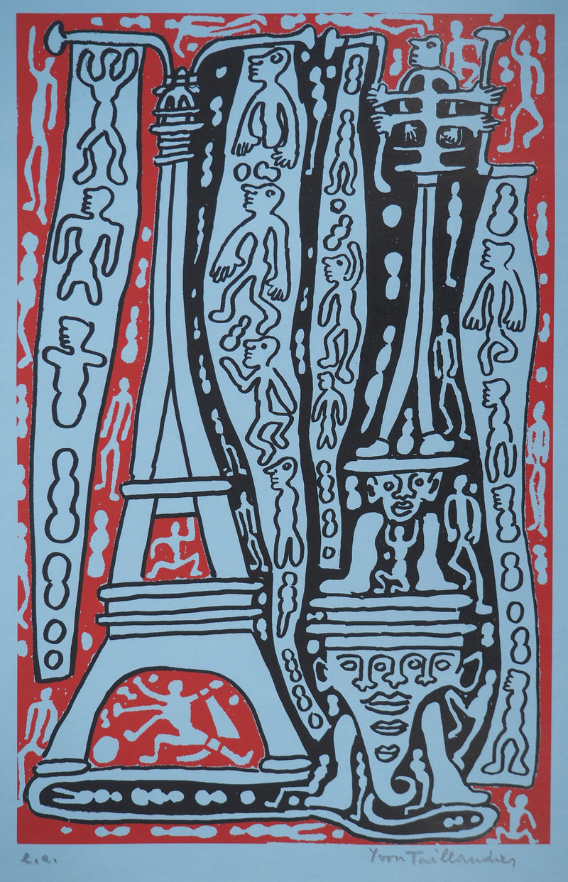 Yvon TAILLANDIER : Le Catitipède de Paris rouge sur bleu, Sérigraphie originale (photo de détail 3) - Crédit photo : Galerie Art.Paris