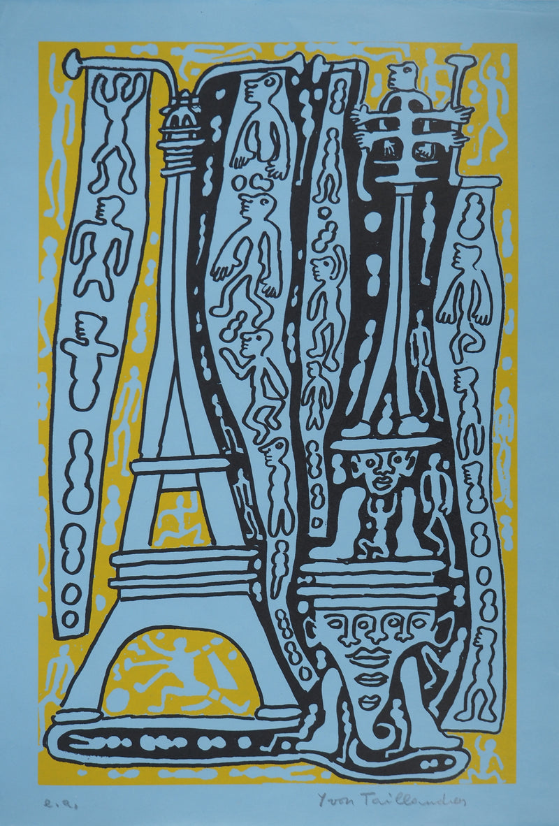 Yvon TAILLANDIER : Le Catitipède de Paris jaune sur bleu, Sérigraphie originale (vue générale) - Crédit photo : Galerie Art.Paris