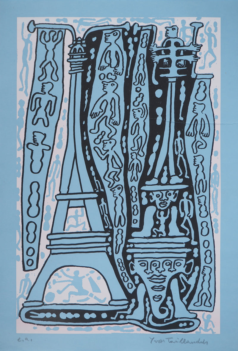 Yvon TAILLANDIER : Le Catitipède de Paris rose clair sur bleu, Sérigraphie originale (vue générale) - Crédit photo : Galerie Art.Paris