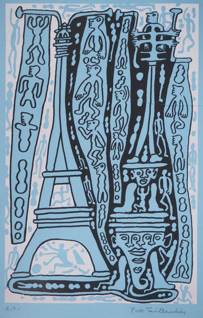 Yvon TAILLANDIER : Le Catitipède de Paris rose clair sur bleu, Sérigraphie originale (photo de détail 3) - Crédit photo : Galerie Art.Paris