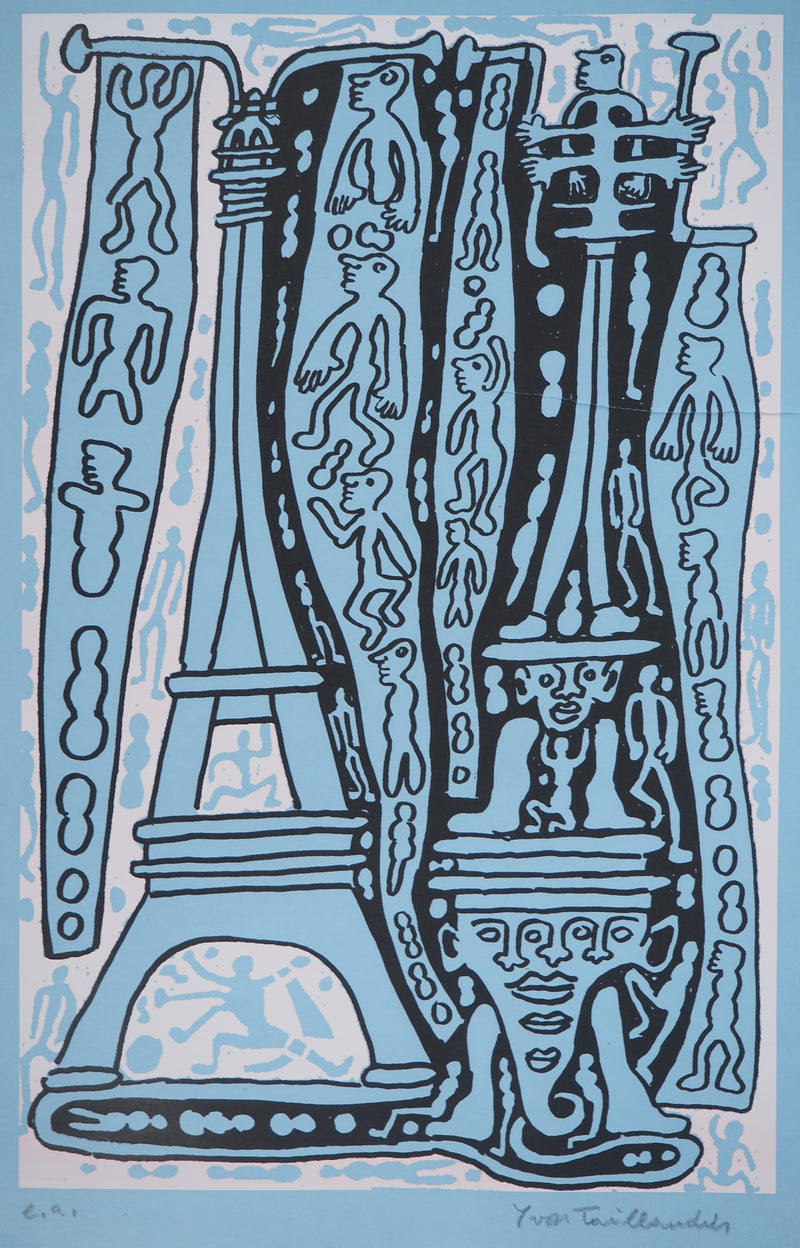 Yvon TAILLANDIER : Le Catitipède de Paris rose clair sur bleu, Sérigraphie originale (photo de détail 3) - Crédit photo : Galerie Art.Paris