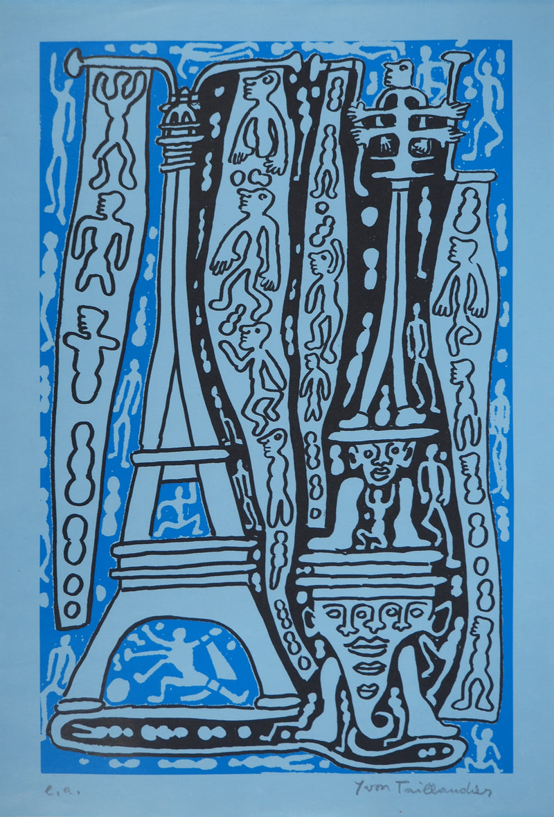 Yvon TAILLANDIER : Le Catitipède de Paris bleu sur bleu, Sérigraphie originale (vue générale) - Crédit photo : Galerie Art.Paris