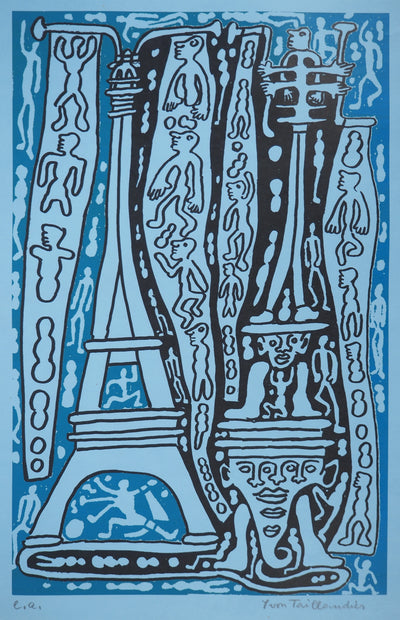 Yvon TAILLANDIER : Le Catitipède de Paris bleu foncé sur bleu, Sérigraphie originale (photo de détail 2) - Crédit photo : Galerie Art.Paris