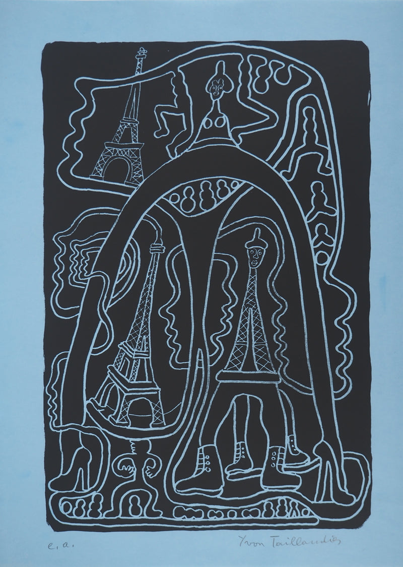 Yvon TAILLANDIER : La parisienne en noir sur bleu EA, Sérigraphie originale (vue générale) - Crédit photo : Galerie Art.Paris