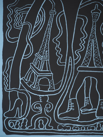 Yvon TAILLANDIER : La parisienne en noir sur bleu EA, Sérigraphie originale (photo de détail 6) - Crédit photo : Galerie Art.Paris