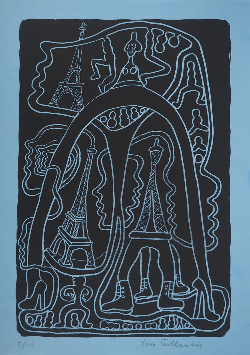 Yvon TAILLANDIER : La parisienne en noir sur bleu, Sérigraphie originale (vue générale) - Crédit photo : Galerie Art.Paris