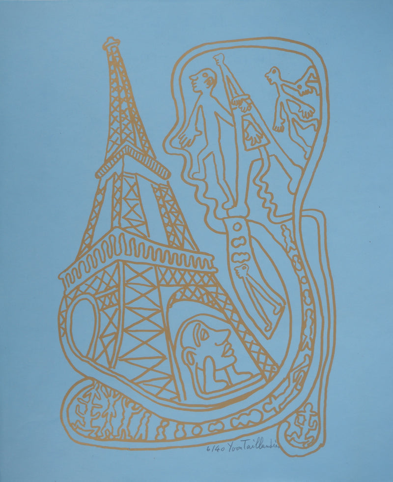 Yvon TAILLANDIER : Paris : La Tour Eiffel en doré sur bleu II, Sérigraphie originale (vue générale) - Crédit photo : Galerie Art.Paris
