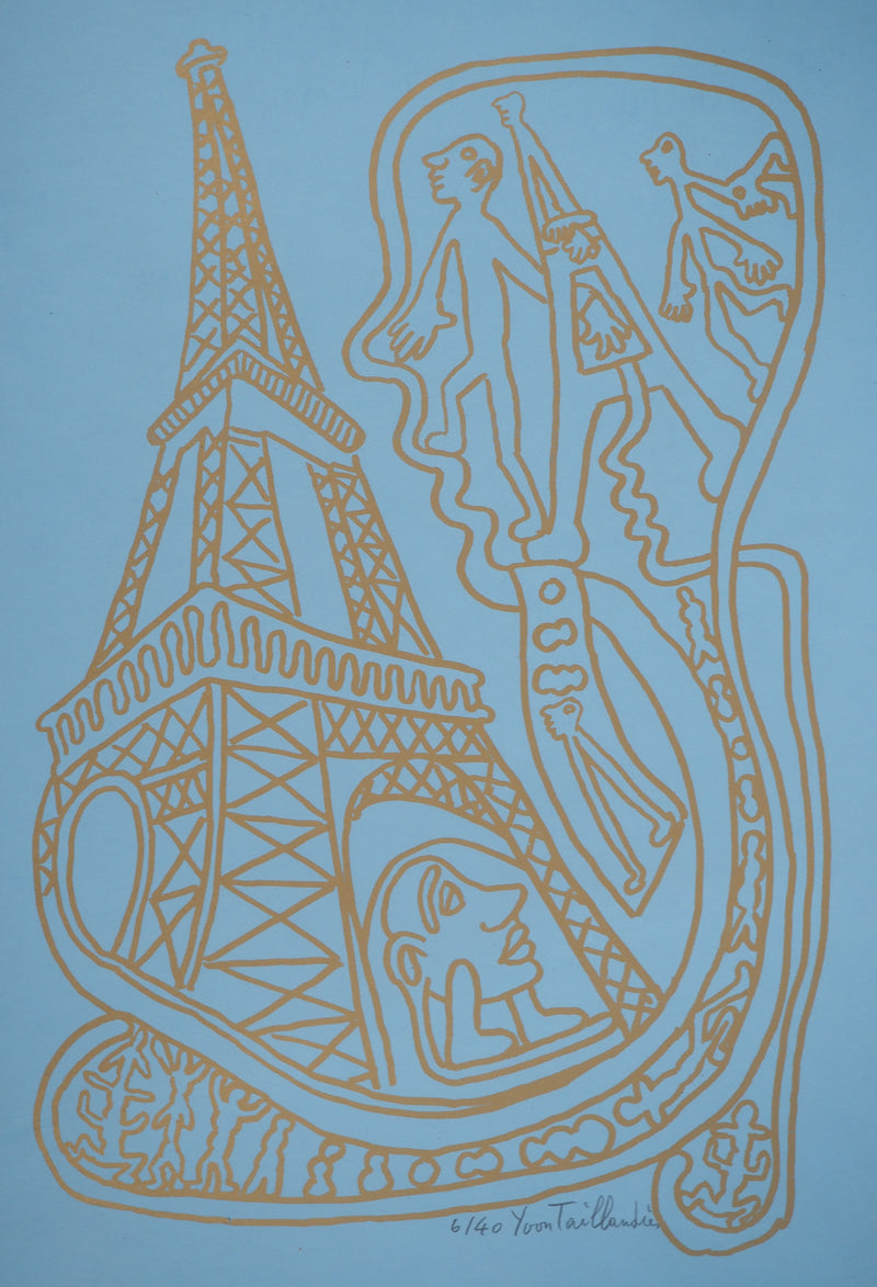 Yvon TAILLANDIER : Paris : La Tour Eiffel en doré sur bleu II, Sérigraphie originale (photo de détail 3) - Crédit photo : Galerie Art.Paris