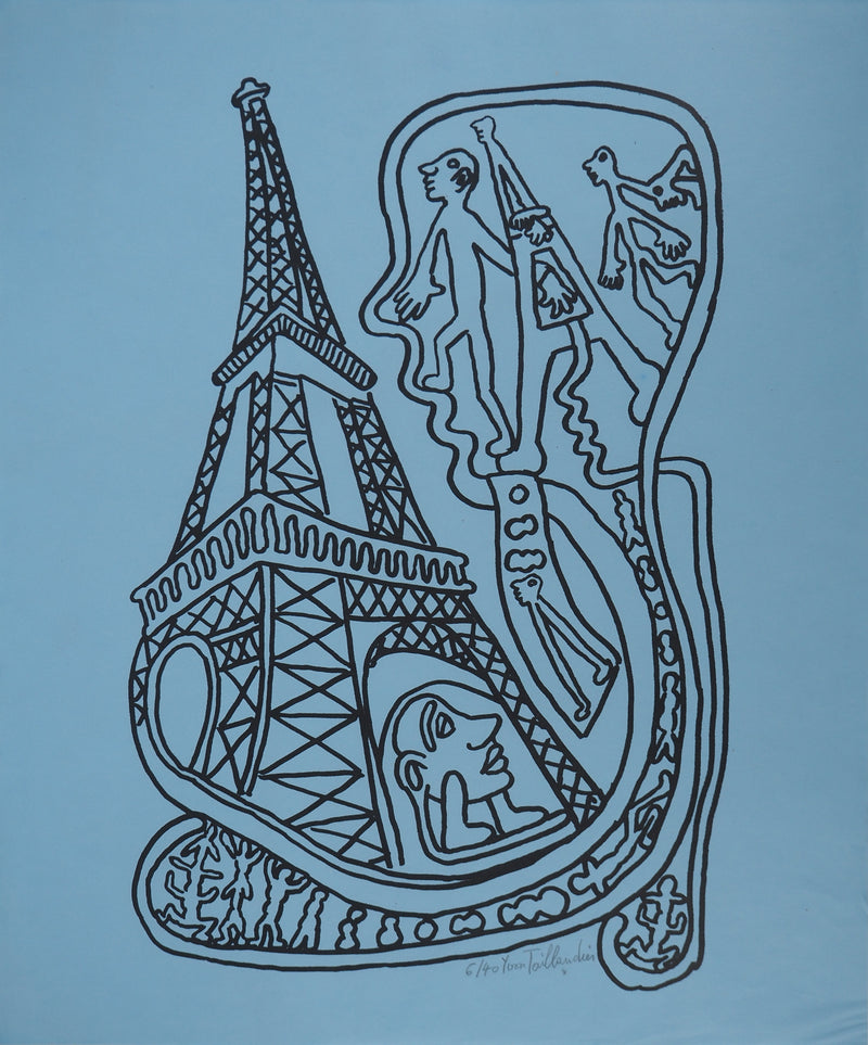 Yvon TAILLANDIER : Paris : La Tour Eiffel en noir sur bleu II, Sérigraphie originale (vue générale) - Crédit photo : Galerie Art.Paris