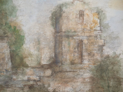 Gilbert PASTOR : Ruine et arbres sous la brume, Aquarelle originale (vue générale) - Crédit photo : Galerie Art.Paris