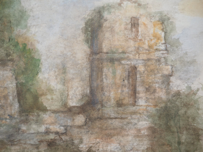 Gilbert PASTOR : Ruine et arbres sous la brume, Aquarelle originale (vue générale) - Crédit photo : Galerie Art.Paris