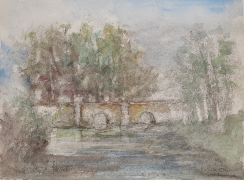 Gilbert PASTOR : Pont à voûte sous le brouillard, Aquarelle originale (vue générale) - Crédit photo : Galerie Art.Paris