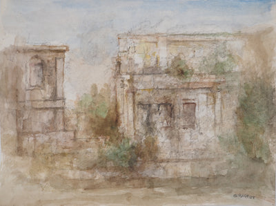 Gilbert PASTOR : Ruine dans la végétation , Aquarelle originale (vue générale) - Crédit photo : Galerie Art.Paris