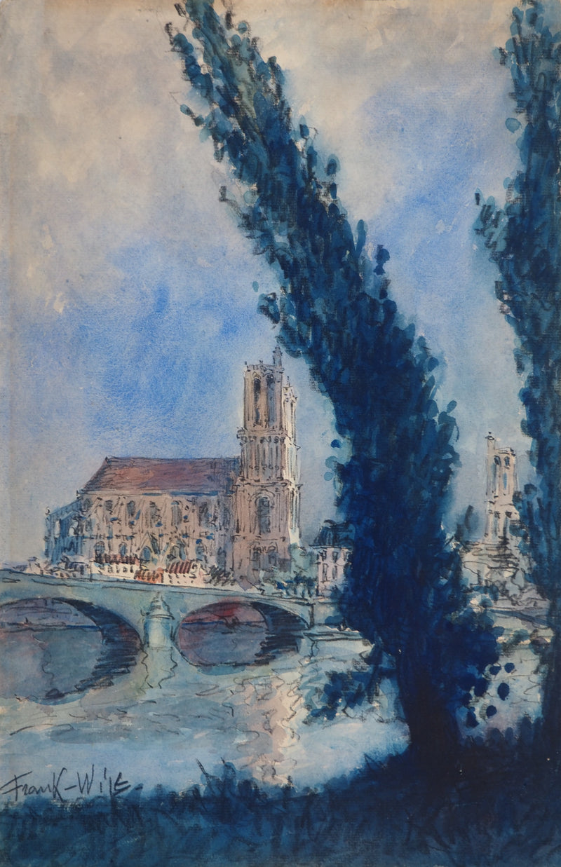 Frank WILL : La collégiale Notre-Dame de Mantes-la-Jolie, Aquarelle originale (vue générale) - Crédit photo : Galerie Art.Paris