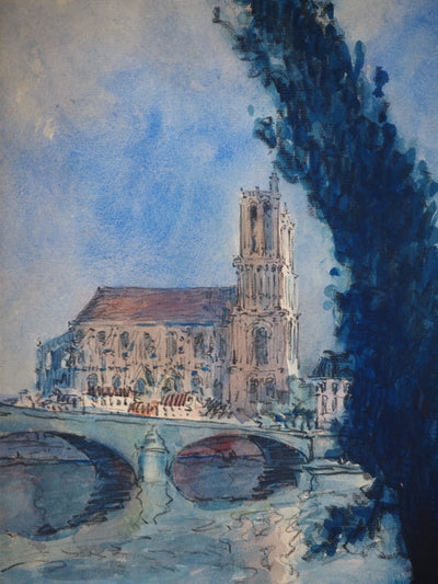 Frank WILL : La collégiale Notre-Dame de Mantes-la-Jolie, Aquarelle originale (photo de détail 3) - Crédit photo : Galerie Art.Paris