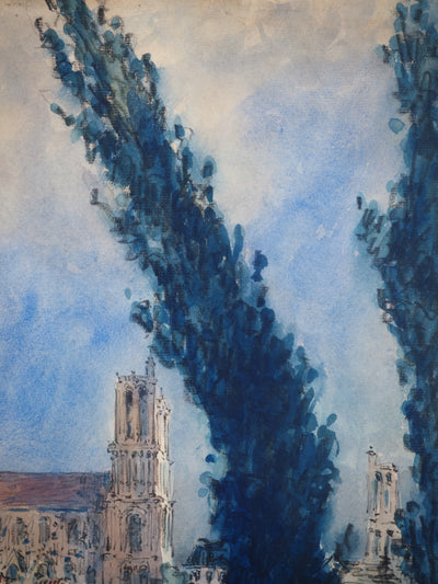 Frank WILL : La collégiale Notre-Dame de Mantes-la-Jolie, Aquarelle originale (photo de détail 4) - Crédit photo : Galerie Art.Paris