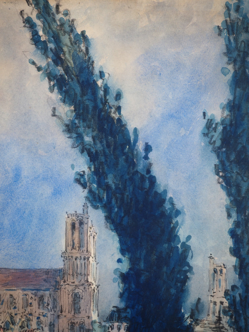 Frank WILL : La collégiale Notre-Dame de Mantes-la-Jolie, Aquarelle originale (photo de détail 4) - Crédit photo : Galerie Art.Paris