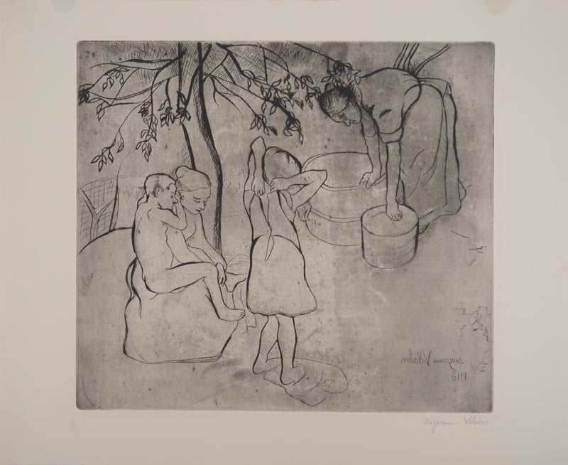 Suzanne VALADON : Toilette des enfants dans le jardin, Gravure originale (vue générale) - Crédit photo : Galerie Art.Paris