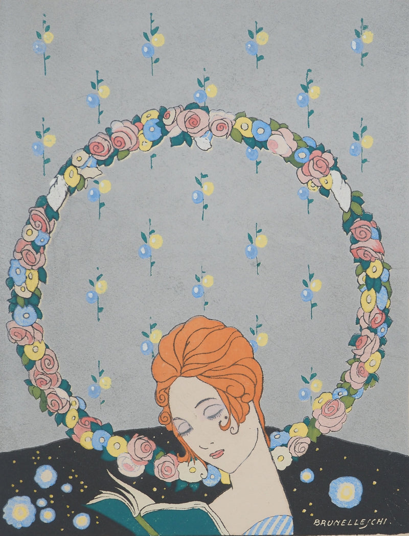 Umberto BRUNELLESCHI : Jeune fille aux fleurs, Lithographie originale (photo de détail 3) - Crédit photo : Galerie Art.Paris